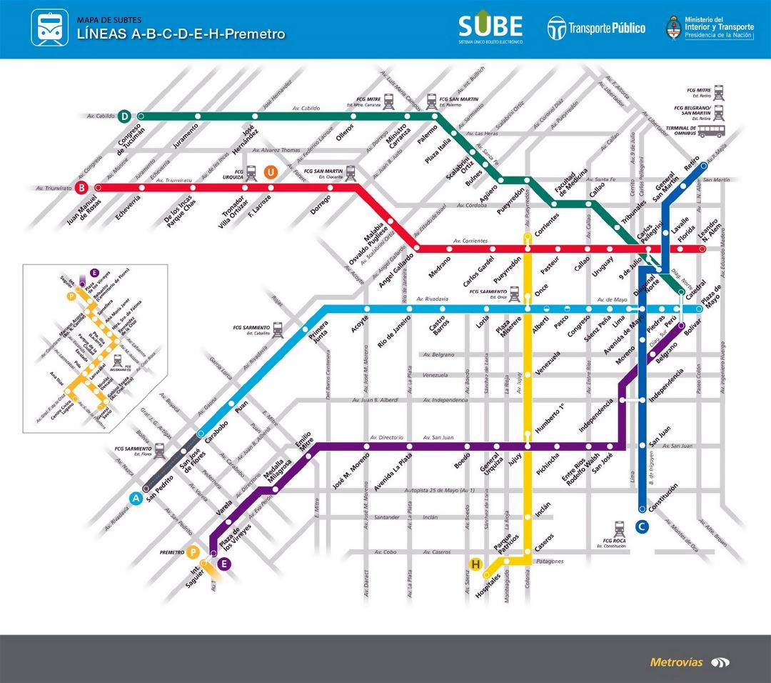 Grande mapa del metro de ciudad de Buenos Aires