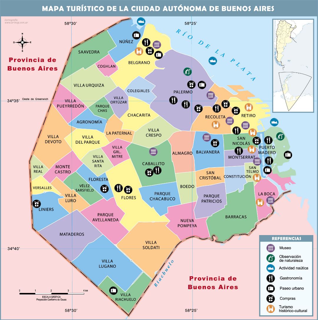 Grande turísticas y administrativas subdivisiones mapa de ciudad de Buenos Aires