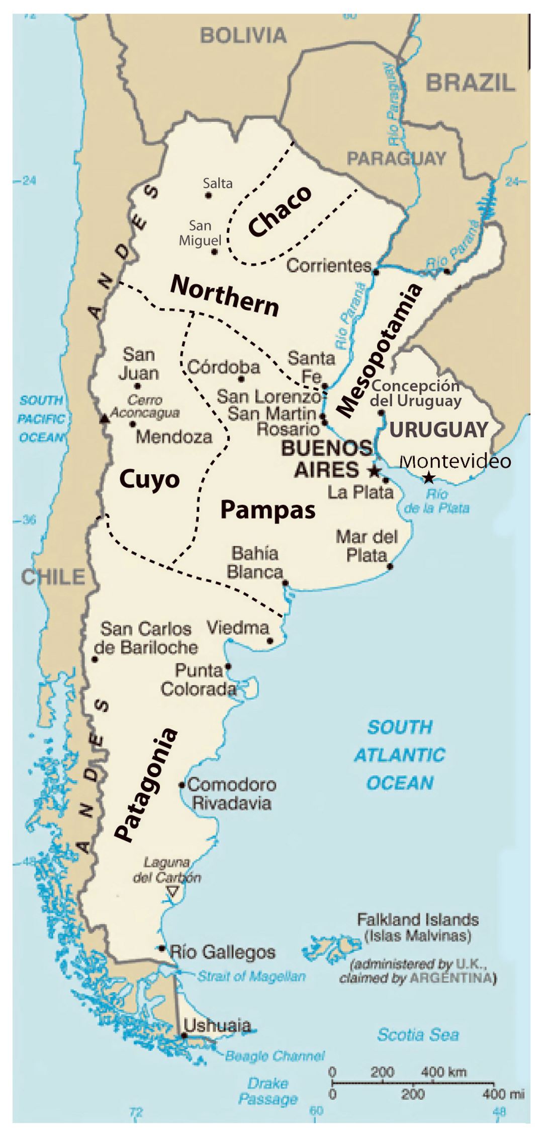 Detallado mapa de regiones de Argentina