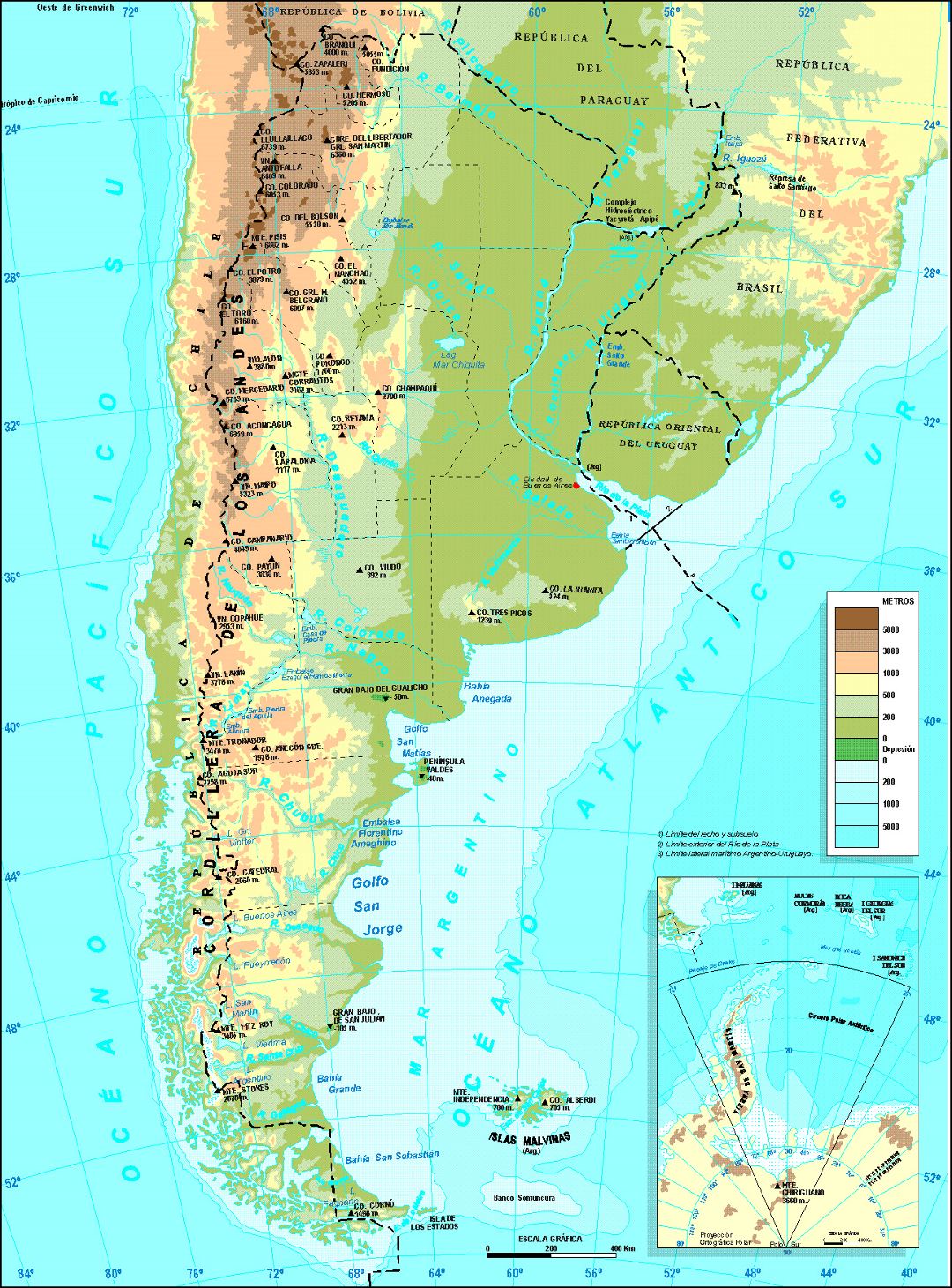 Detallado mapa fisico de Argentina