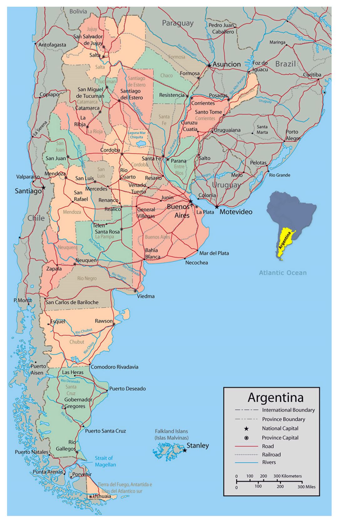 Detallado mapa político y administrativo de Argentina con principales carreteras y principales ciudades