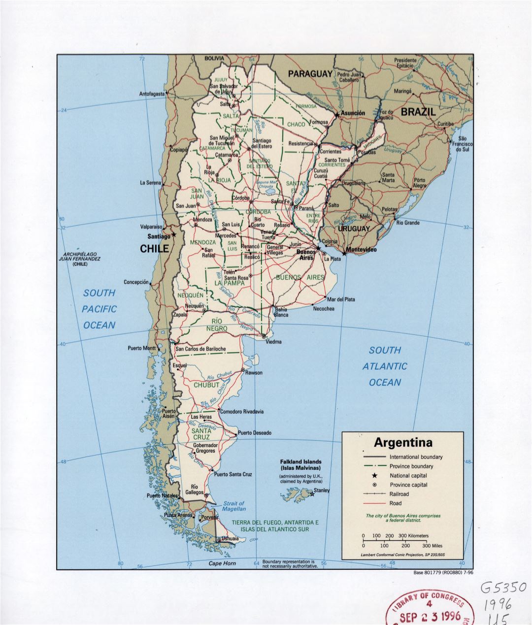 Grande detalado mapa político y administrativo de Argentina con carreteras, ferrocarriles, ciudades y principales ciudades - 1996