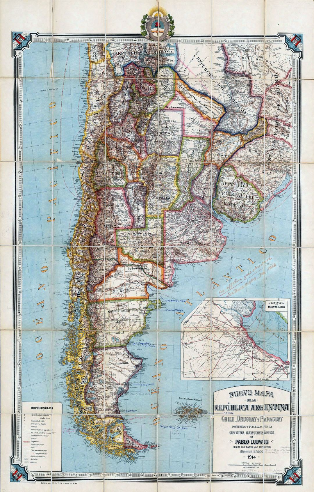 Grande detallado antiguo mapa político de la República de Argentina, Chile, Uruguay y Paraguay con alivio - 1914