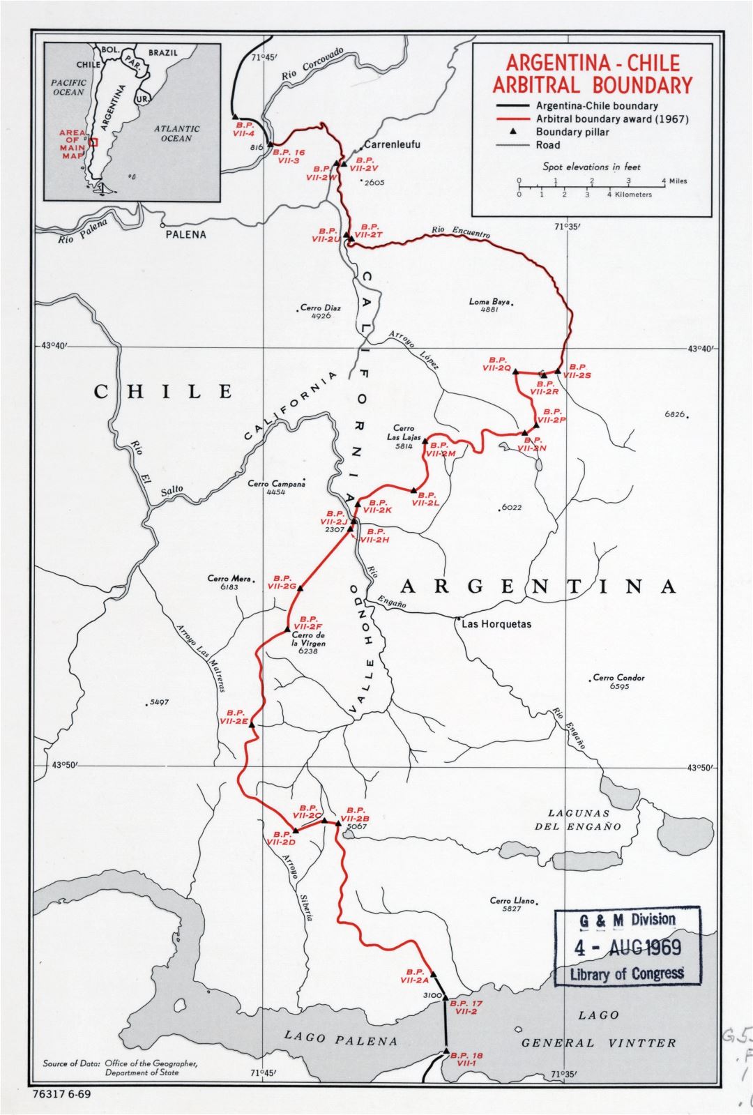 Grande detallado mapa de arbitrales límites Argentina-Chile - 1969