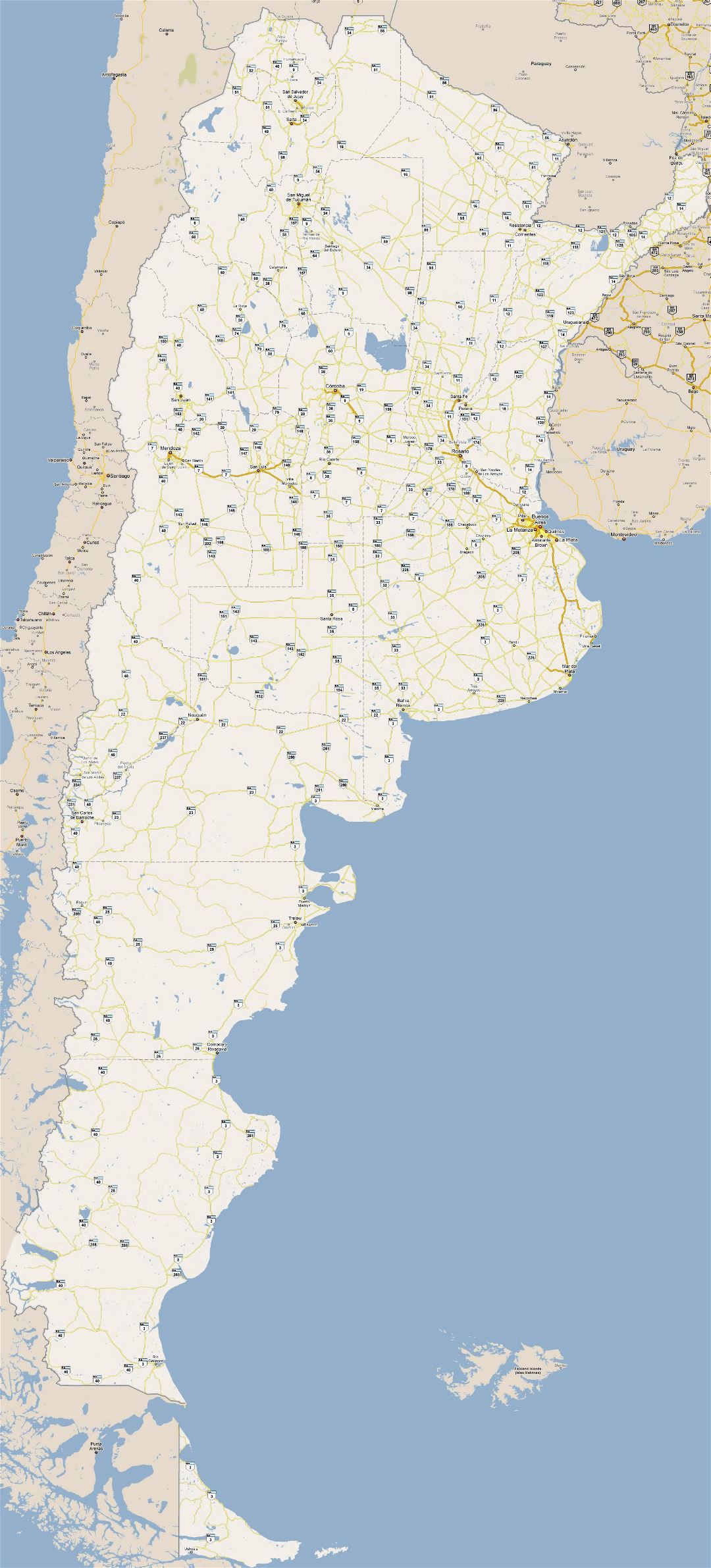 Grande detallado mapa de carreteras de Argentina con ciudades