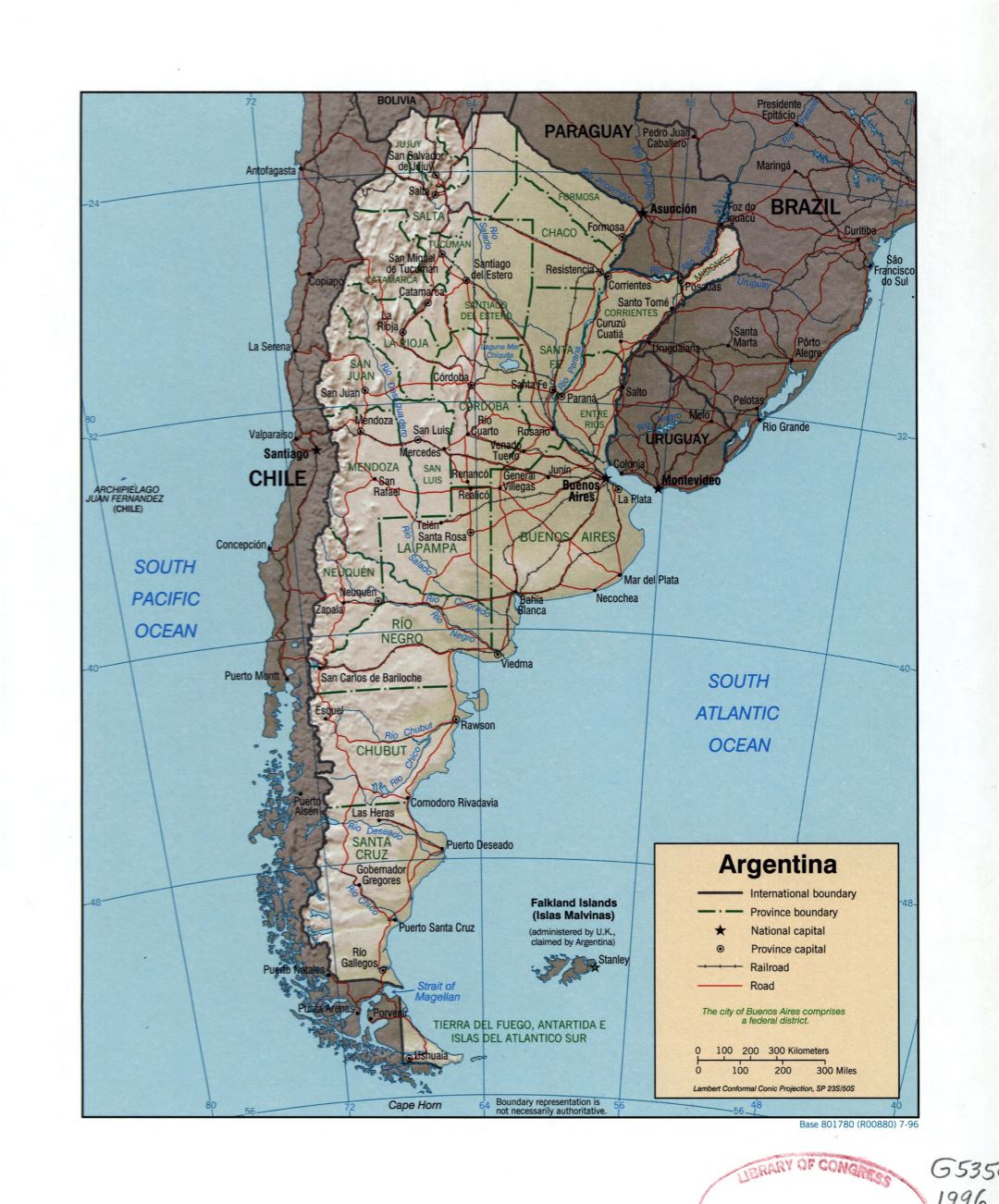Grande detallado mapa político y administrativo de Argentina con socorro, carreteras, ferrocarriles, ciudades y principales ciudades - 1996