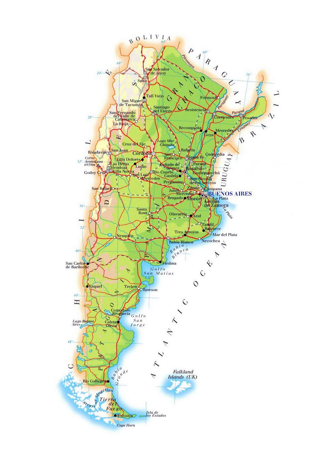 Grande mapa de elevación de Argentina con carreteras, ciudades y aeropuertos