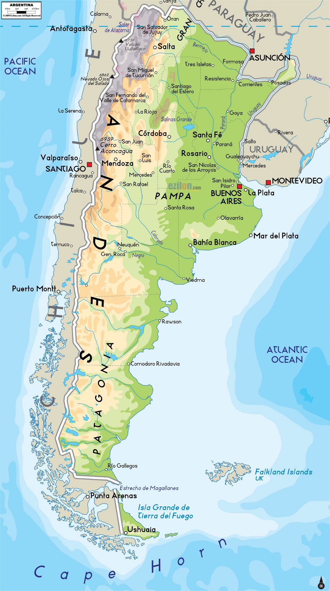 Grande mapa físico de Argentina con principales ciudades
