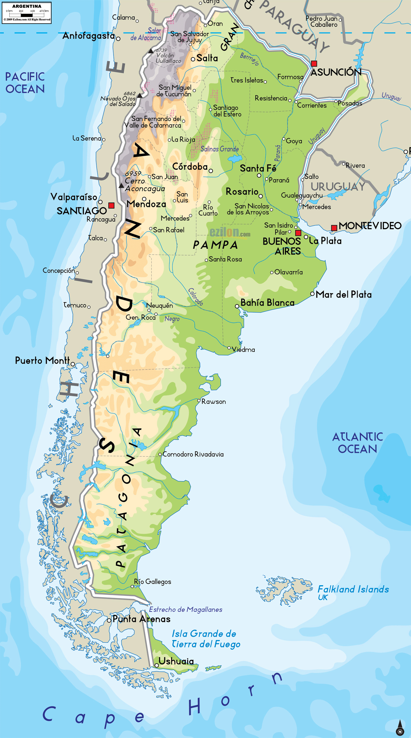 Grande mapa físico de Argentina con principales ciudades | Argentina