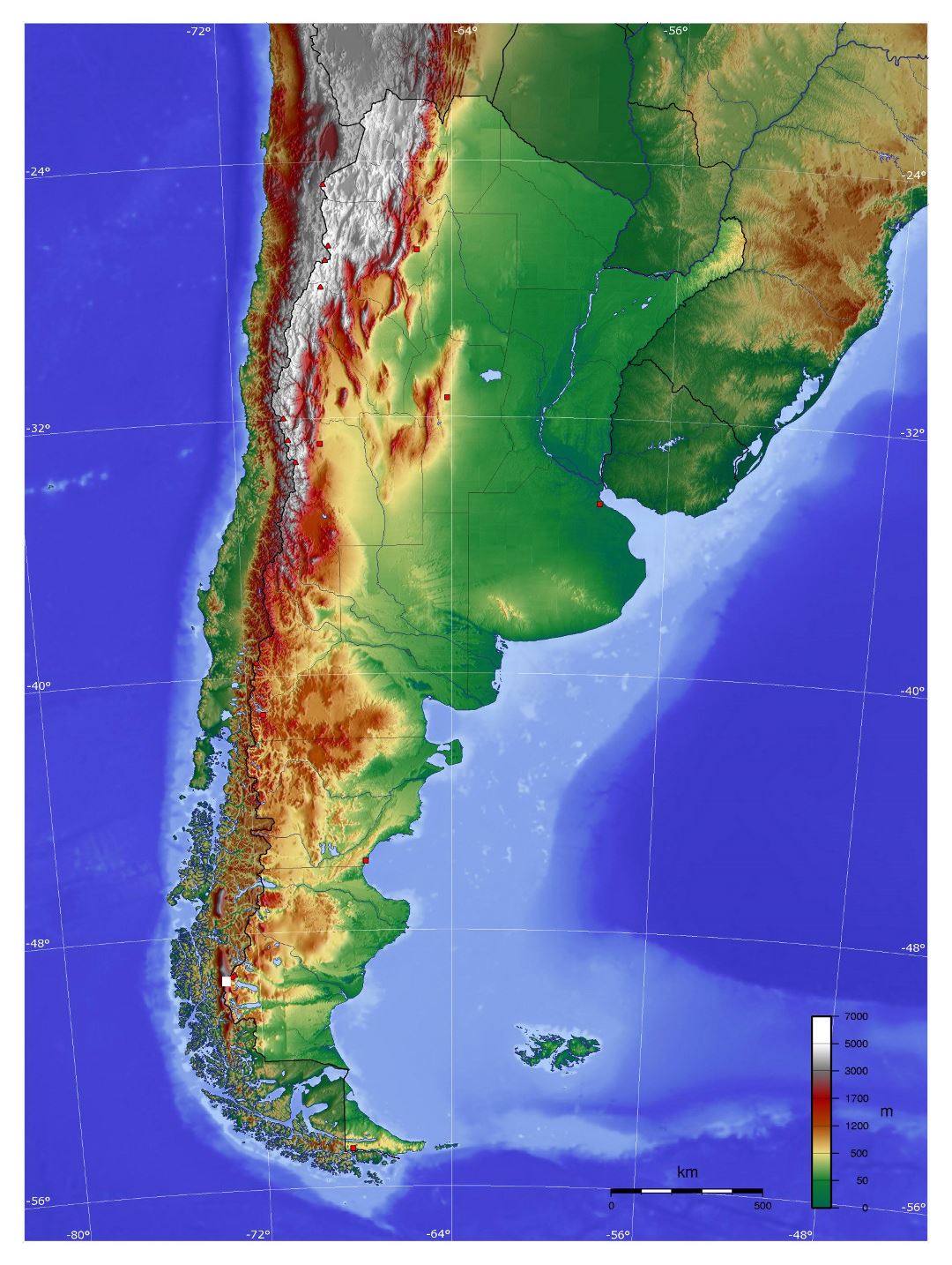 Grande mapa físico de Argentina