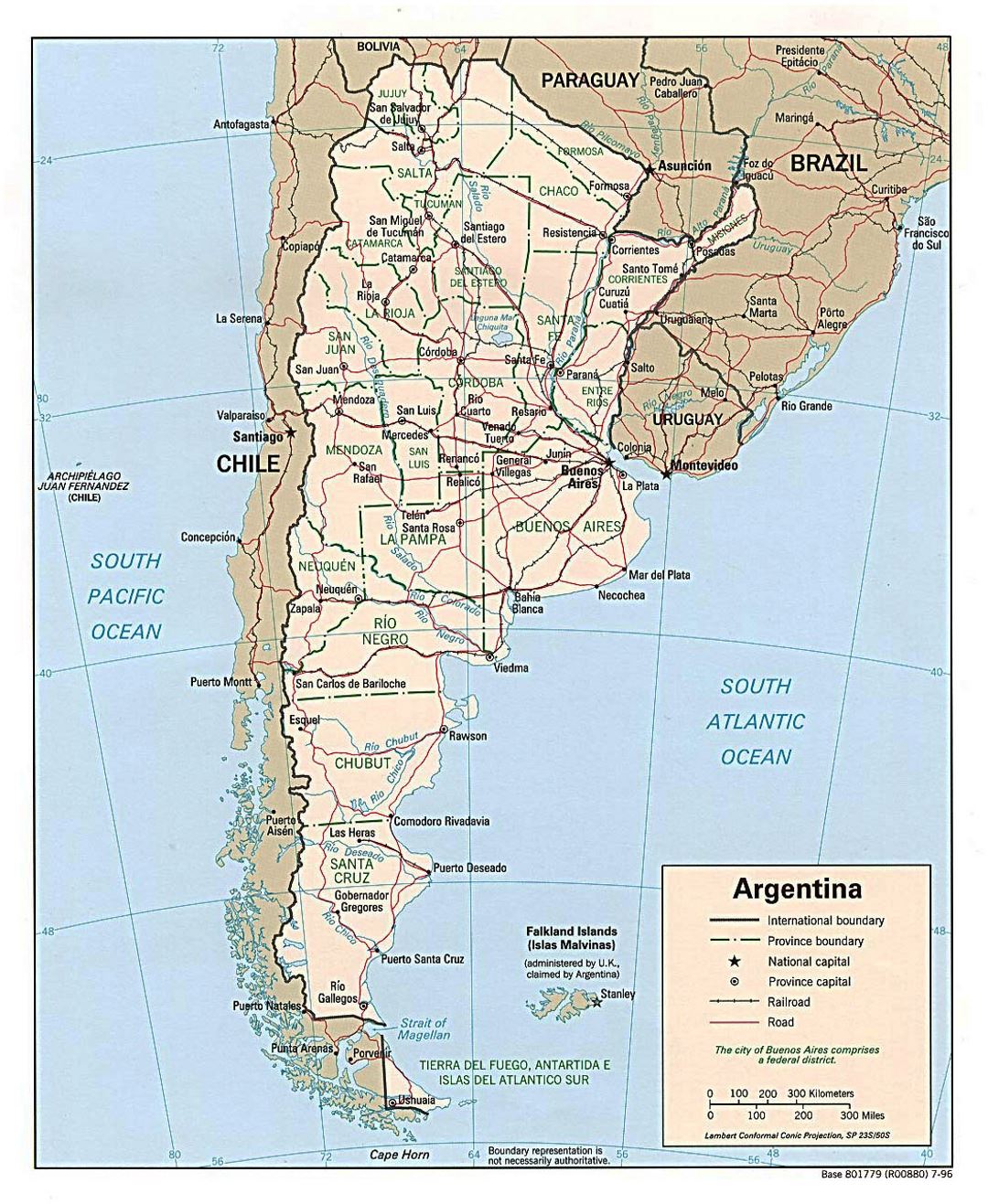 Grande mapa político y administrativo de Argentina con carreteras y principales ciudades - 1996
