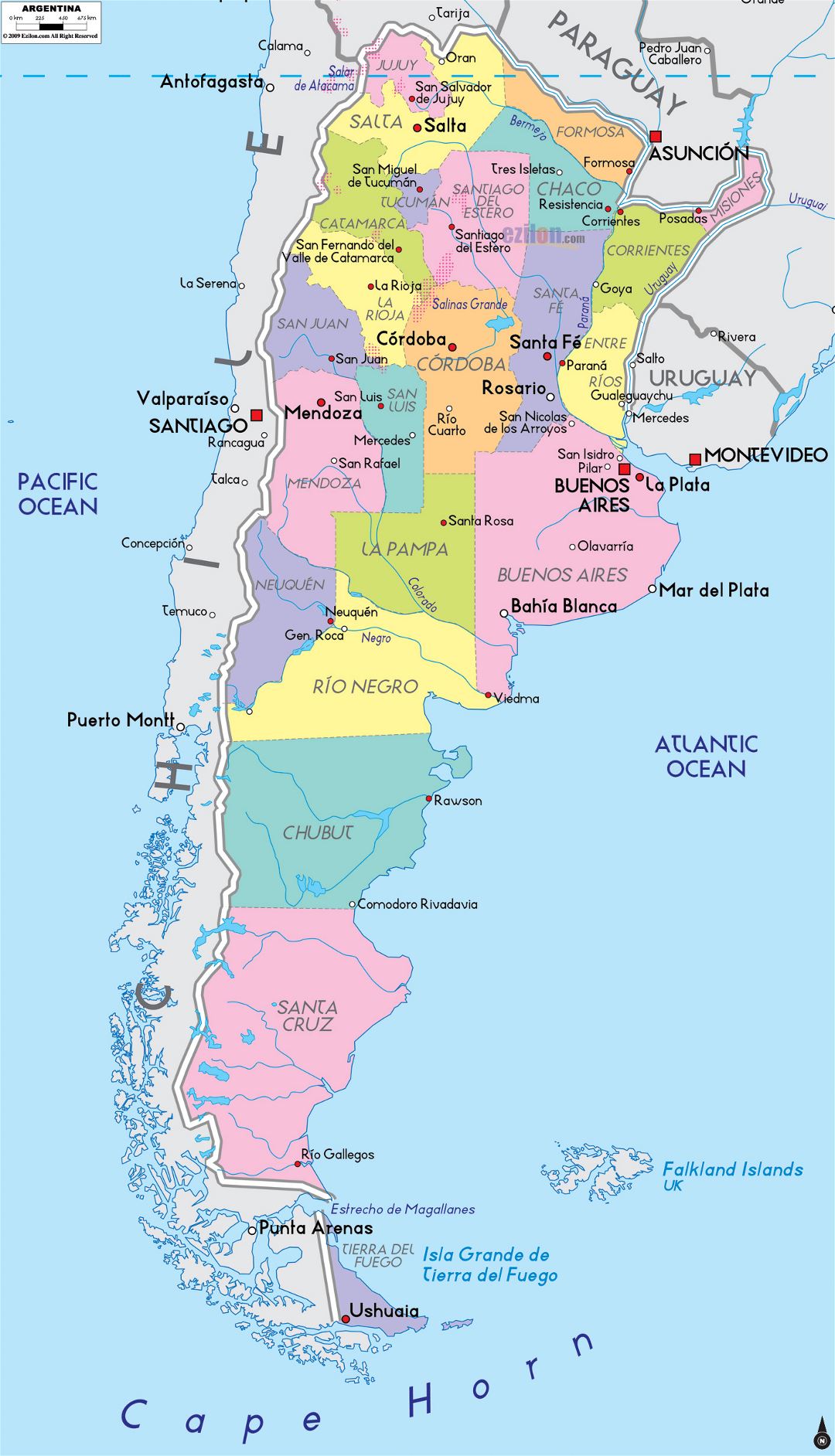 Grande mapa político y administrativo de Argentina con principales ciudades