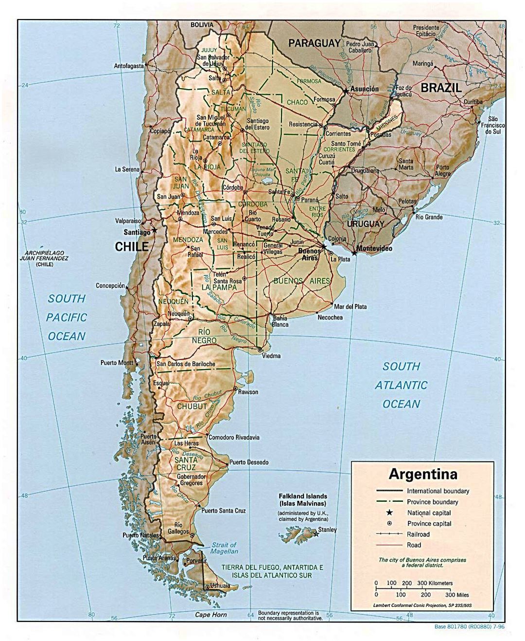 Grande mapa político y administrativo de Argentina con socorro, carreteras y principales ciudades - 1996