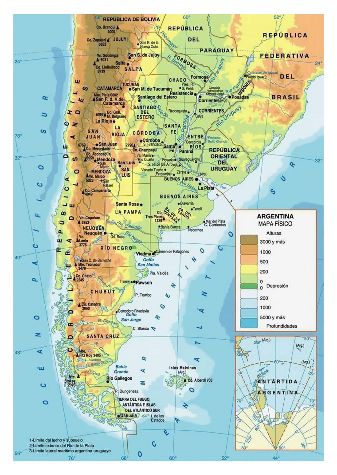 Mapa físico de Argentina con ciudades