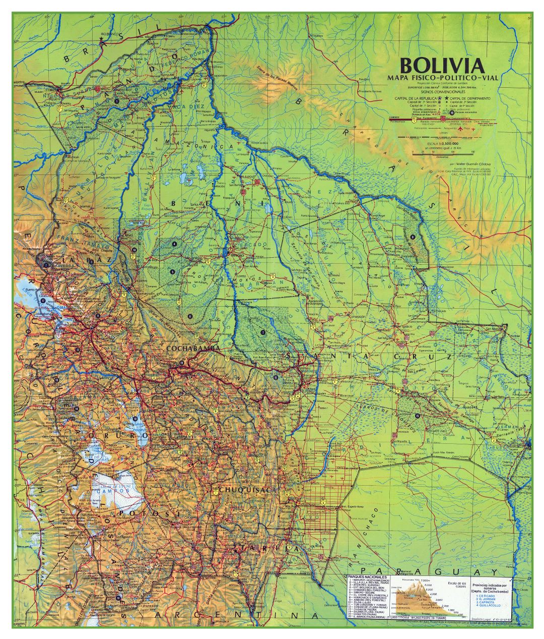 A gran escala mapa físico y político de Bolivia con carreteras, ciudades, pueblos, aeropuertos y otras marcas