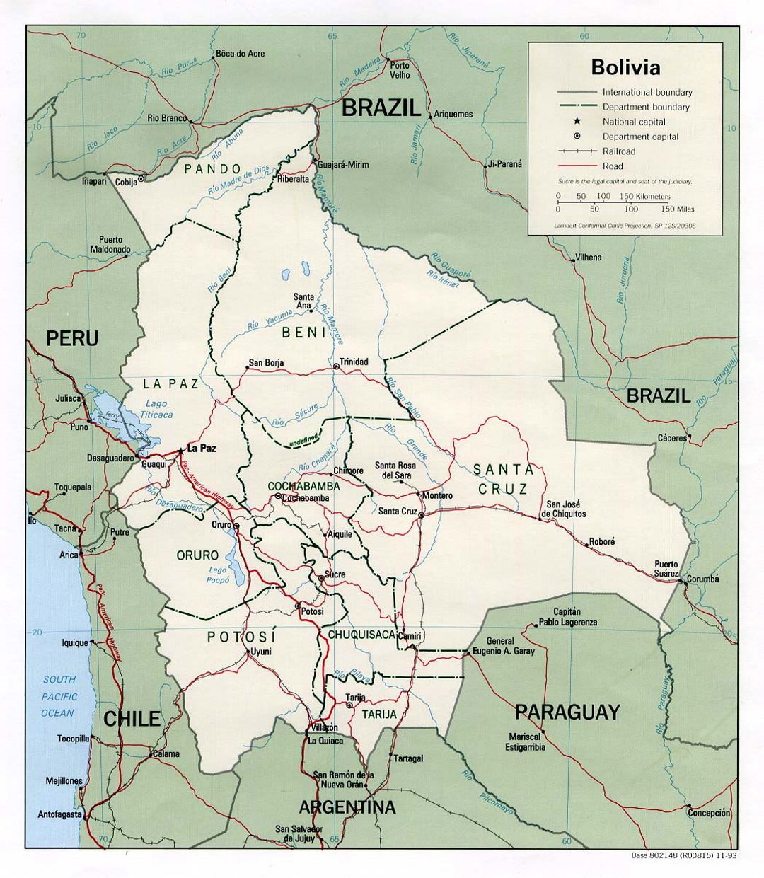 Detallado mapa político y administrativo de Bolivia con carreteras y principales ciudades - 1993