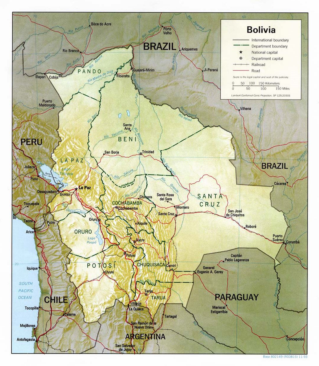 Detallado mapa político y administrativo de Bolivia con socorro, carreteras y principales ciudades - 1993