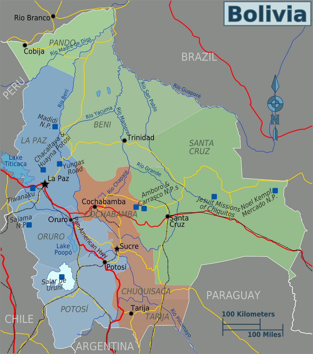 Detallado mapa político y administrativo de Bolivia