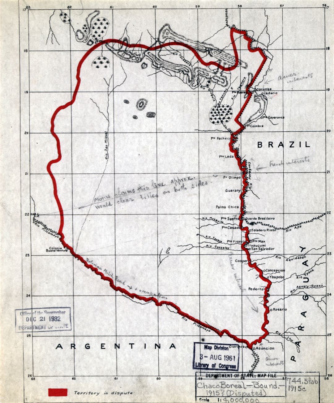 Grande detallado antiguo mapa de los límites de Brasil y Bolivia - 1915