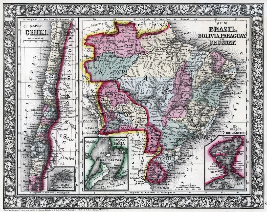 Grande detallado mapa antiguo de Brasil, Bolivia, Paraguay y Uruguay con mapa de Chile - 1871
