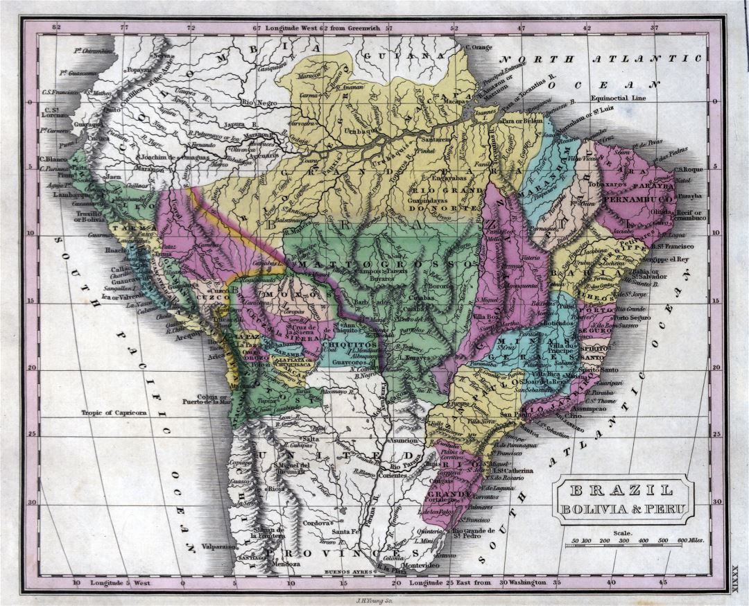 Grande detallado mapa antiguo de Brasil, Bolivia y Perú - 1829