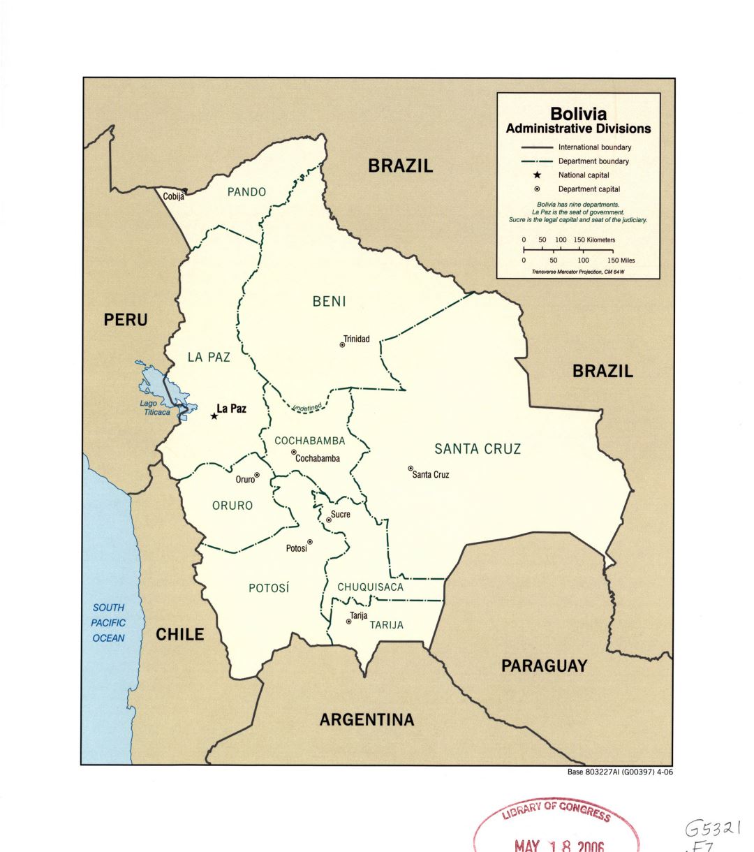 Grande detallado mapa de administrativas divisiones de Bolivia con principales ciudades - 2006