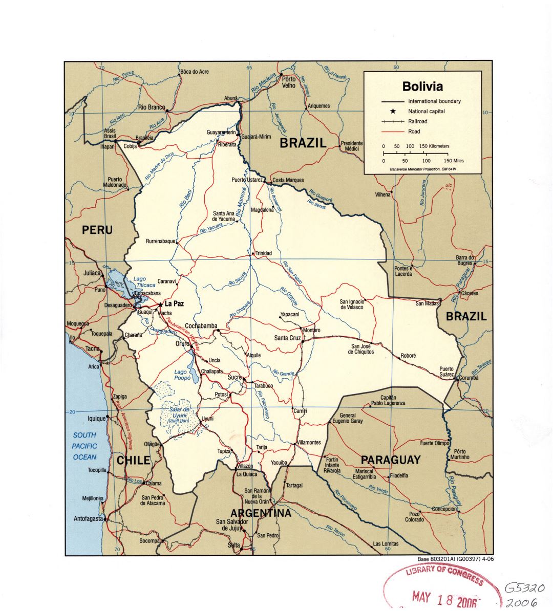 Grande detallado mapa político de Bolivia con ríos, carreteras, ferrocarriles y grandes ciudades - 2006