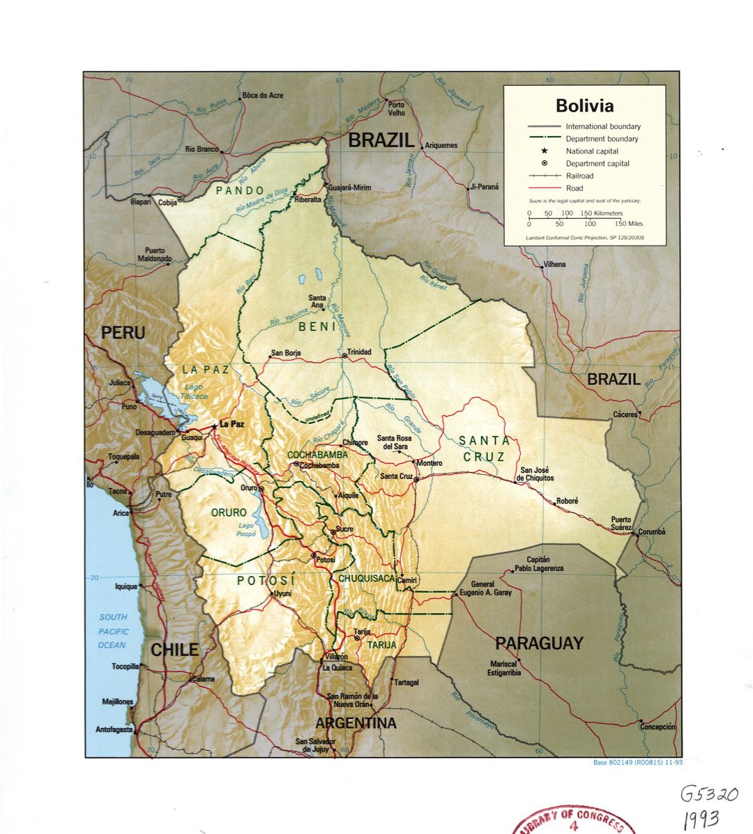 Grande detallado mapa político y administrativo de Bolivia con relieve, ríos, carreteras, ferrocarriles y principales ciudades - 1993