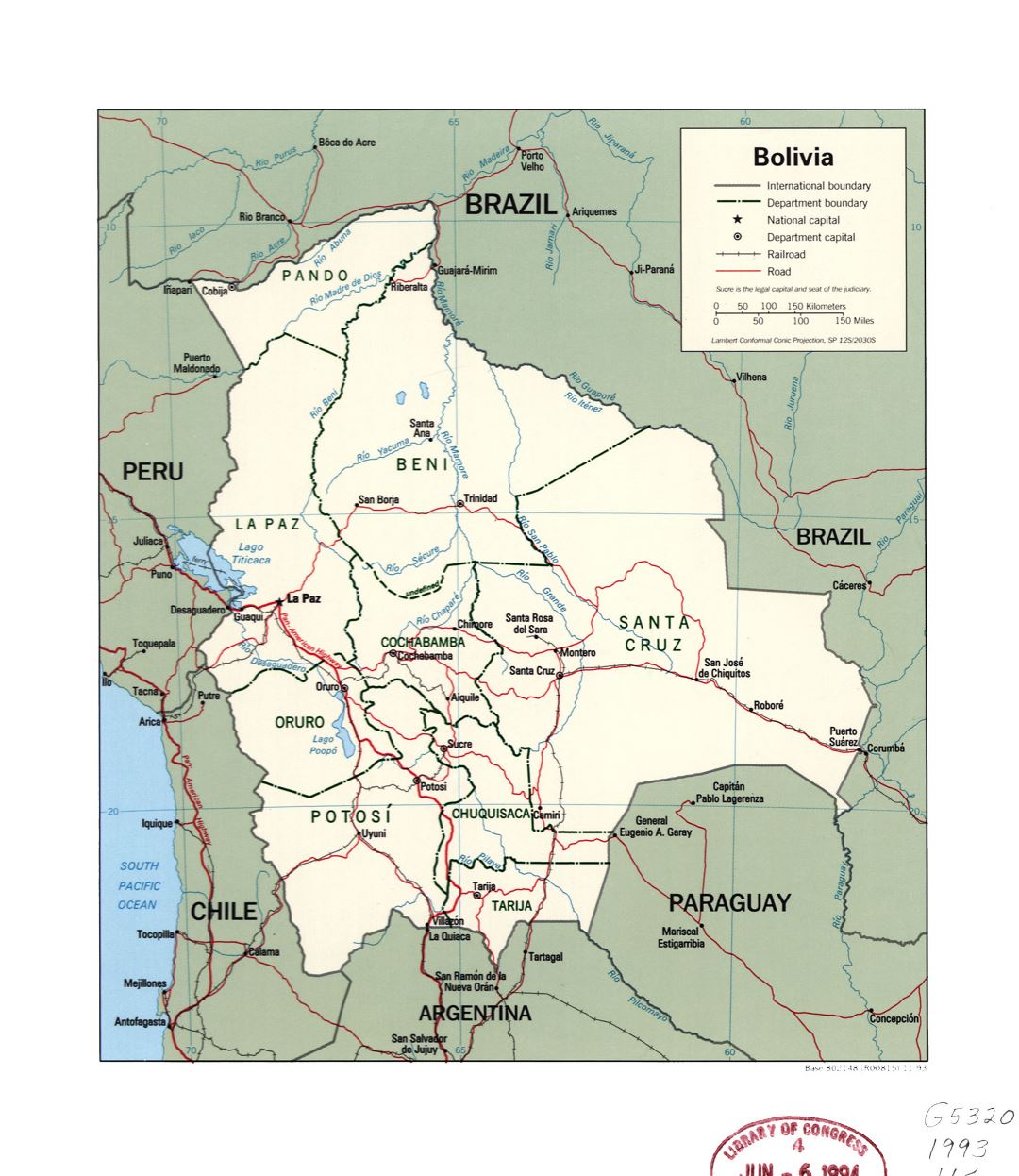 Grande detallado mapa político y administrativo de Bolivia con ríos, carreteras, ferrocarriles y principales ciudades - 1993