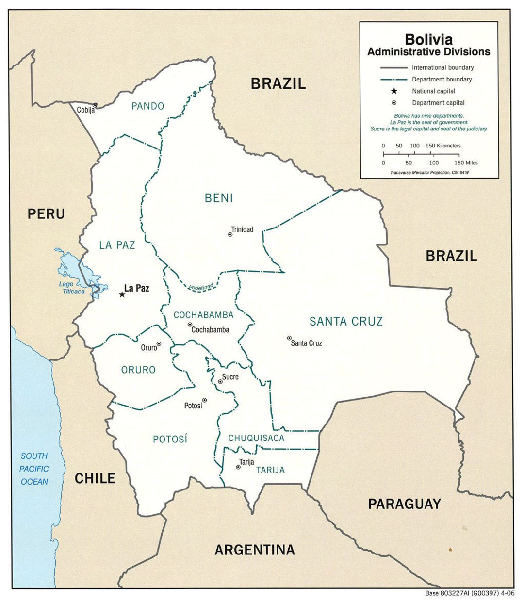Grande mapa de administrativas divisiones de Bolivia con principales ciudades - 2006