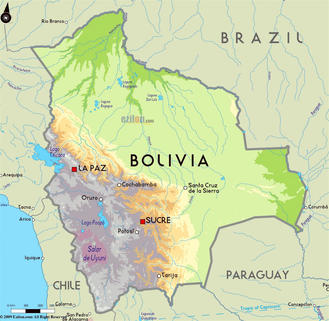Grande mapa físico de Bolivia con principales ciudades