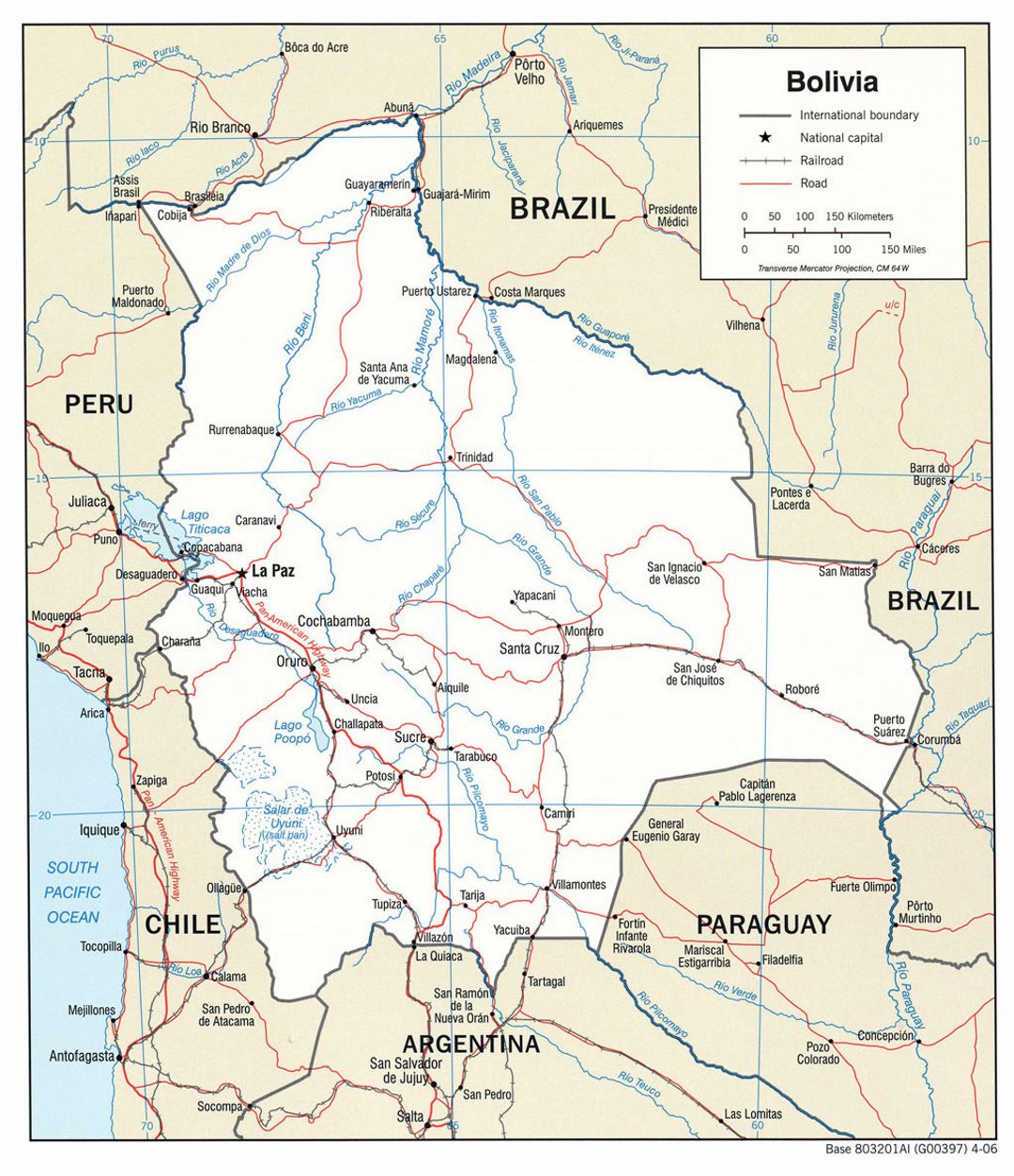 Grande mapa político de Bolivia con carreteras y principales ciudades - 2006