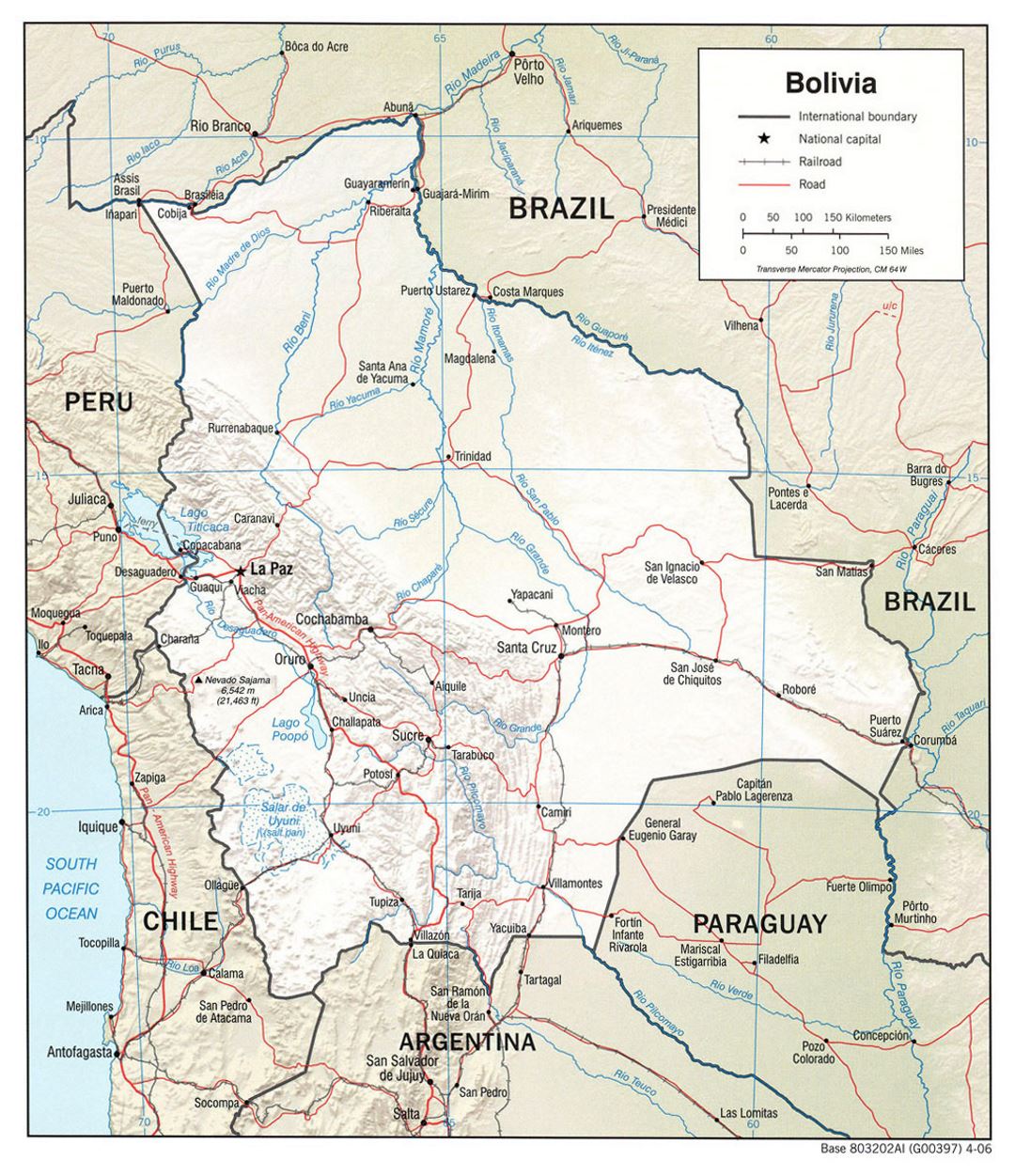 Grande mapa político de Bolivia con socorro, carreteras y grandes ciudades - 2006
