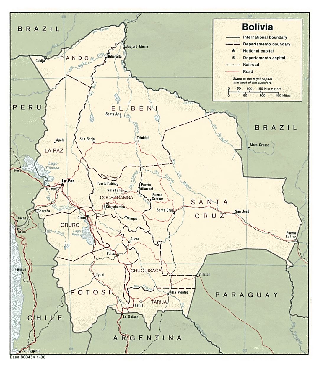 Grande mapa político y administrativo de Bolivia con carreteras y principales ciudades - 1986