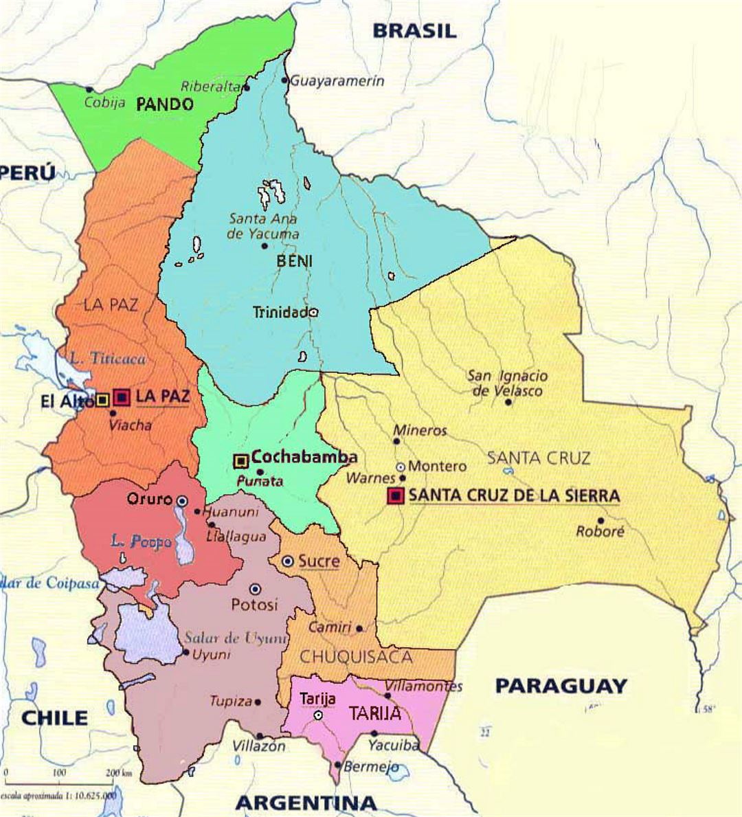 Mapa administrativo de Bolivia con principales ciudades