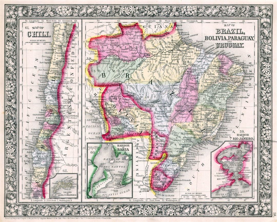 A gran escala mapa político antiguo de Brasil, Bolivia, Paraguay, Uruguay y Chile - 1864