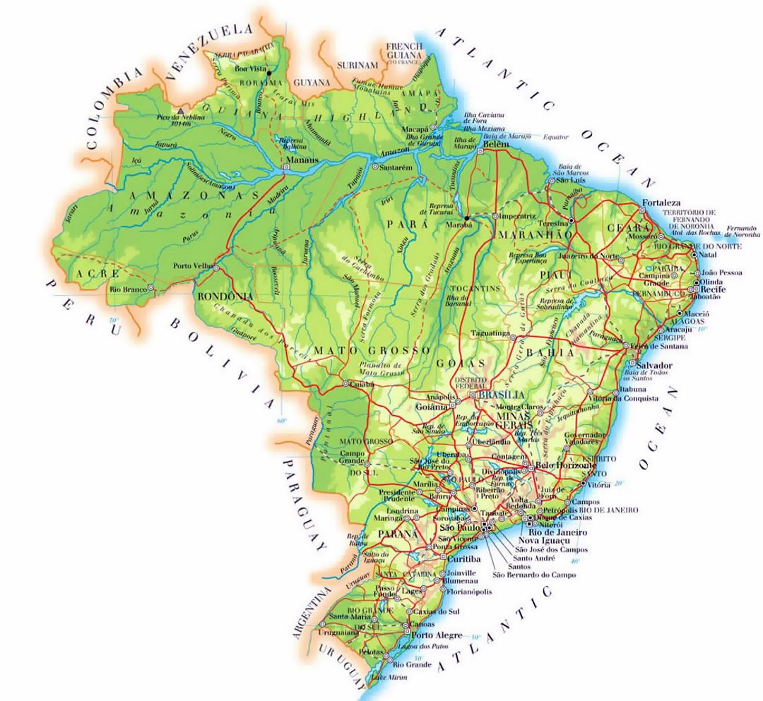 Detallado mapa de elevación de Brasil con ciudades, carreteras y aeropuertos