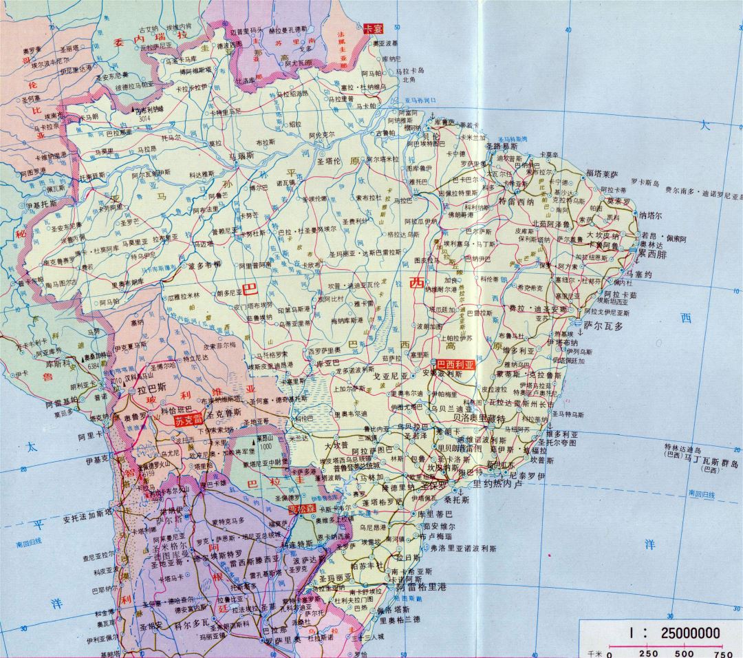 Grande detallado mapa de Brasil con carreteras y ciudades en chino