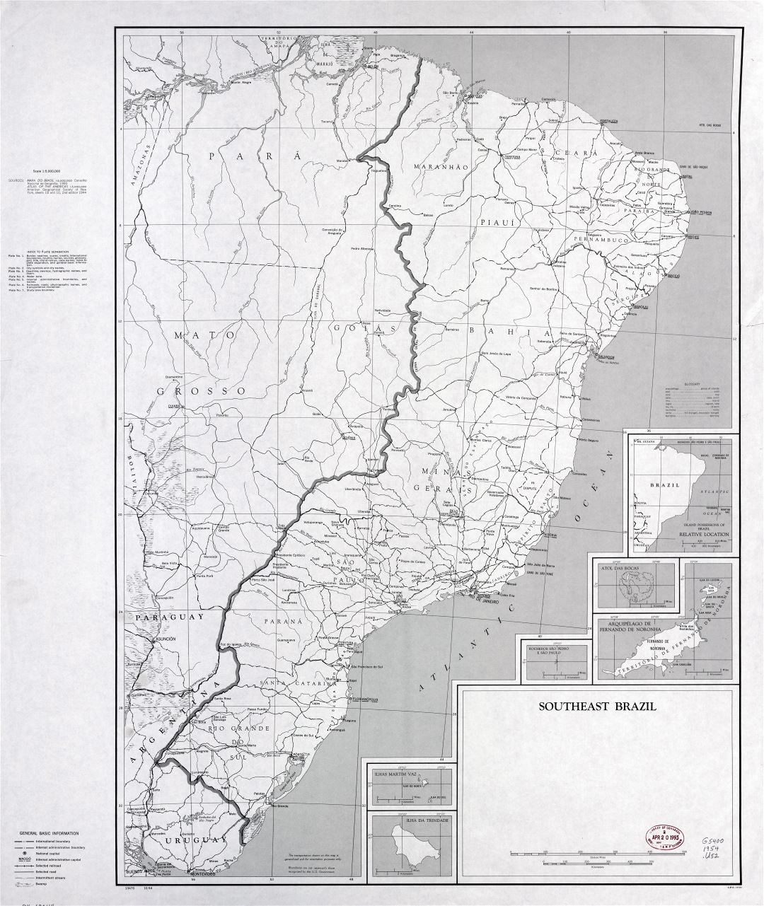 Grande detallado mapa del Sudeste de Brasil con otras marcas - 1954