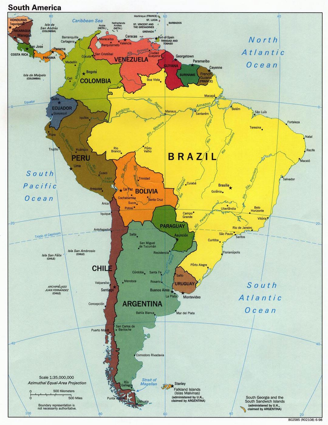 Grande detallado mapa político de América del Sur - 1998