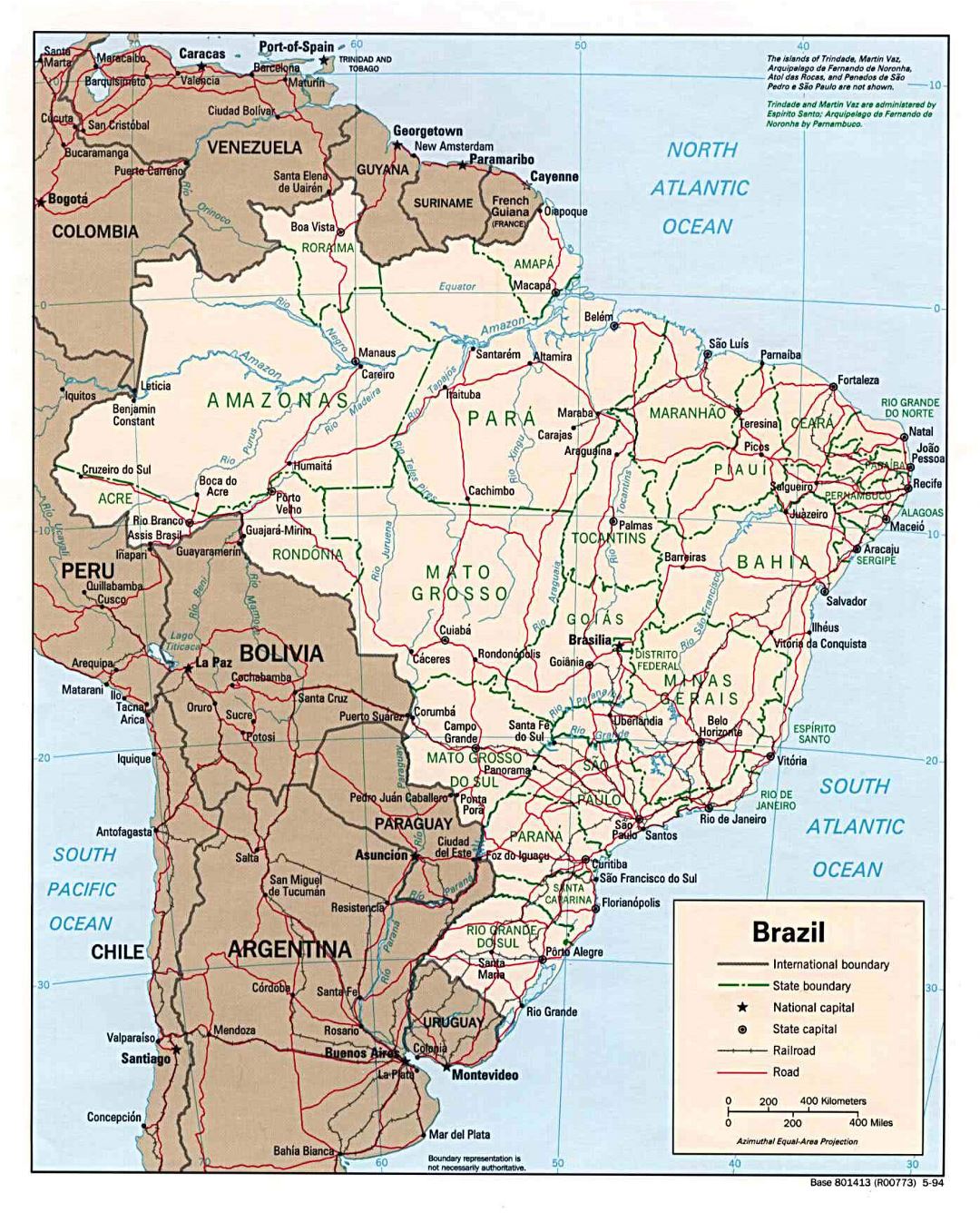 Grande detallado mapa político y administrativo de Brasil con carreteras y principales ciudades - 1994