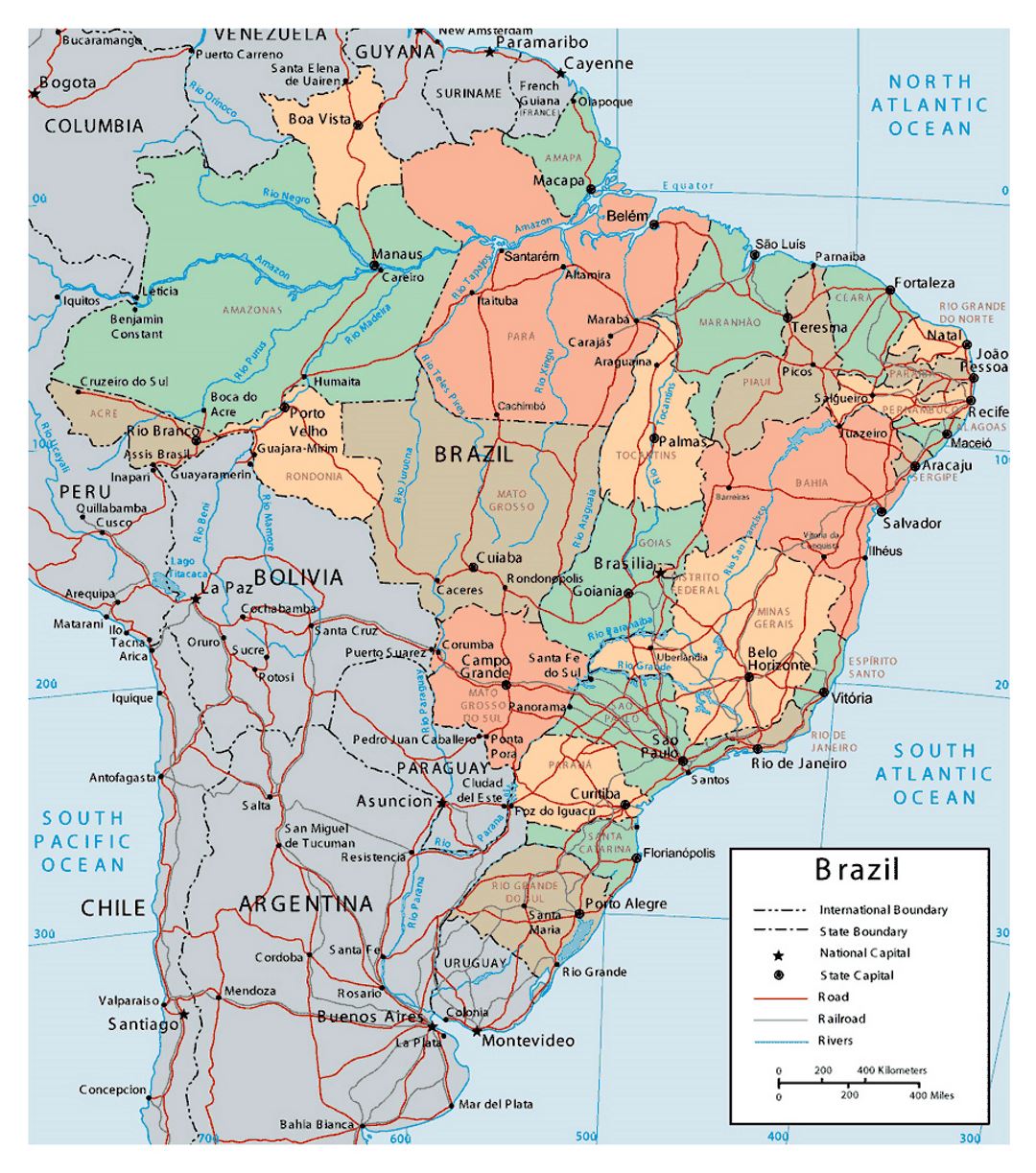 Grande detallado mapa político y administrativo de Brasil