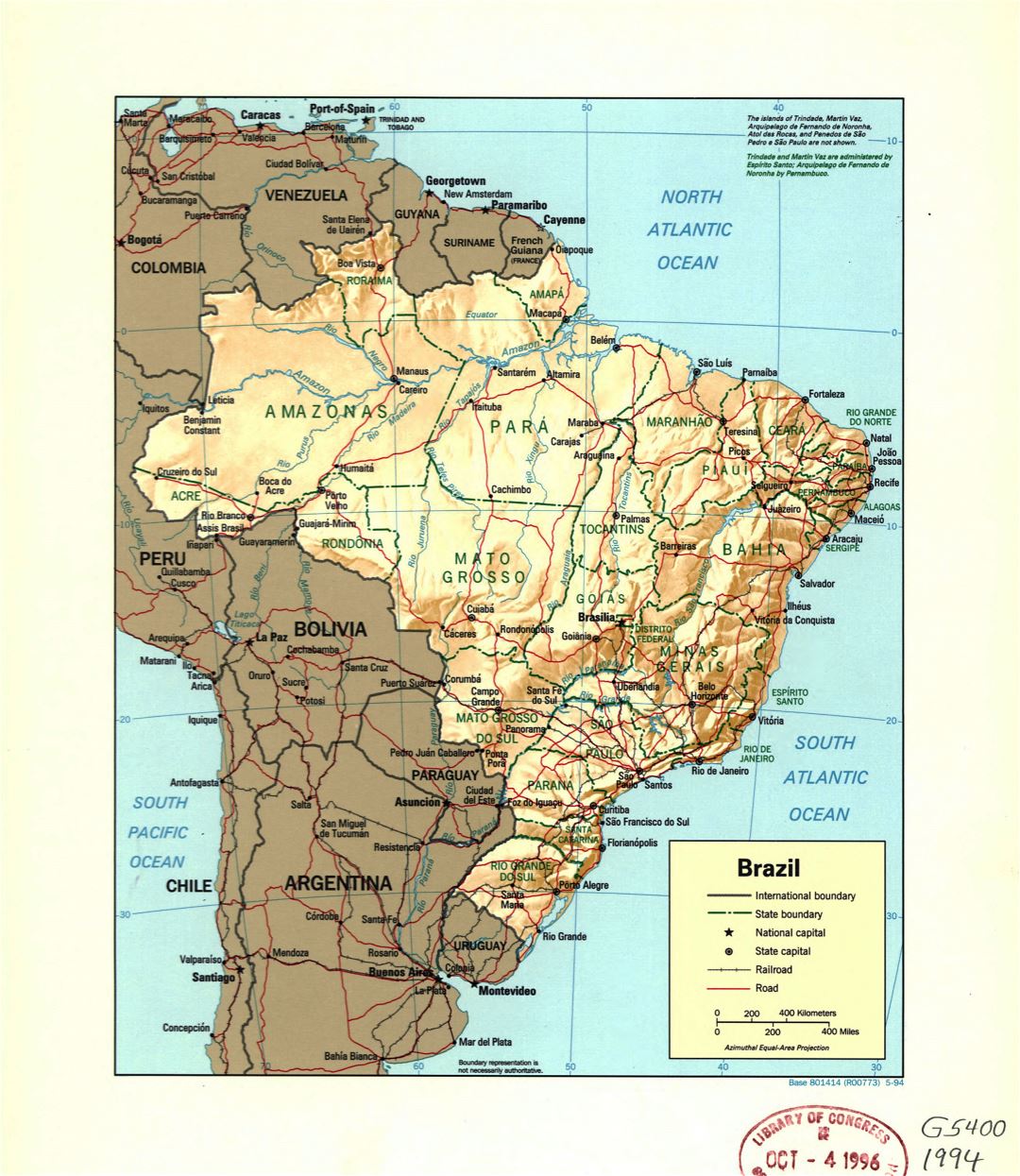 Grande detalle mapa político y administrativo de Brasil con relieve, ríos, carreteras, ferrocarriles y principales ciudades - 1994