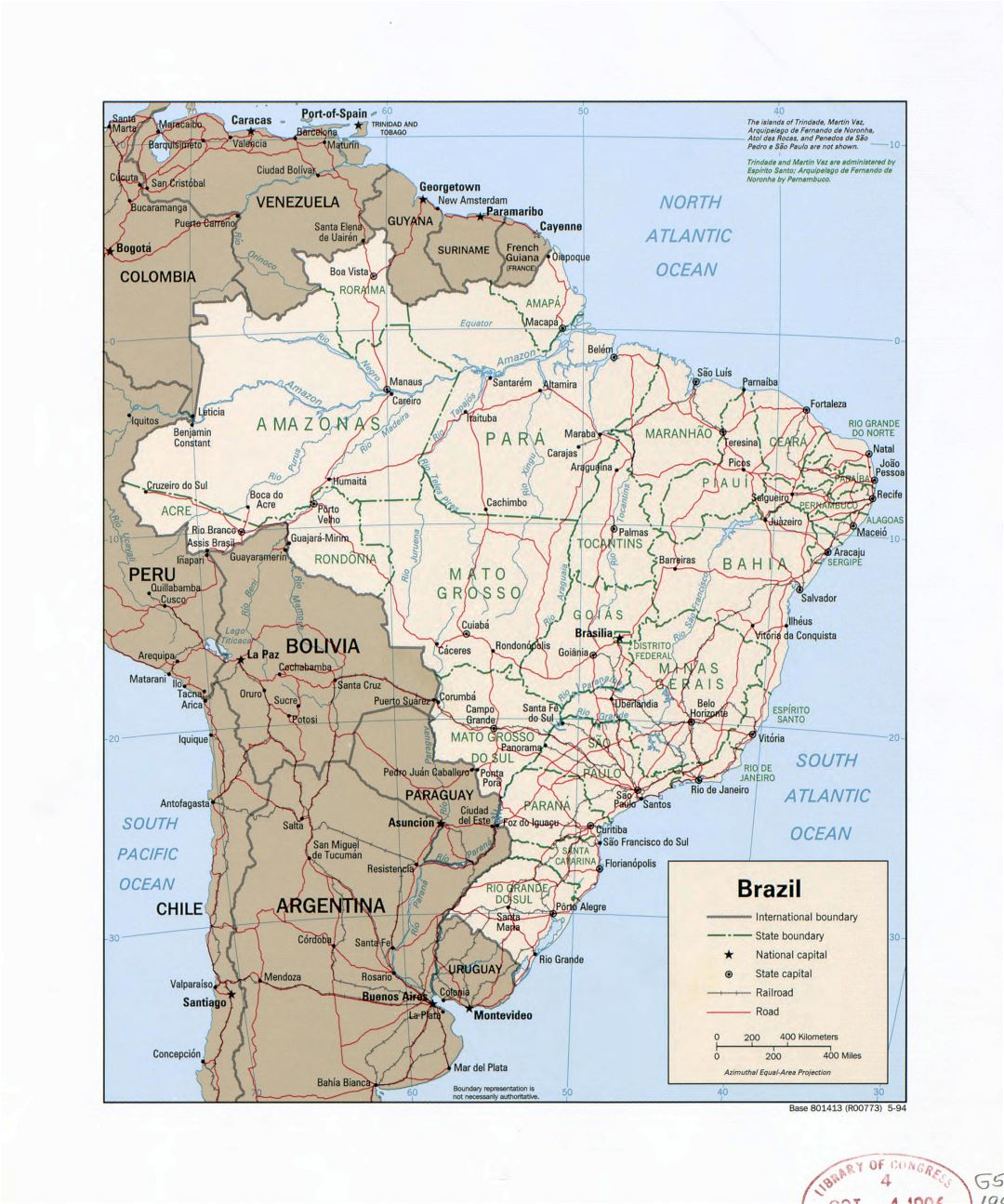 Grande detalle mapa político y administrativo de Brasil con ríos, carreteras, ferrocarriles y principales ciudades - 1994