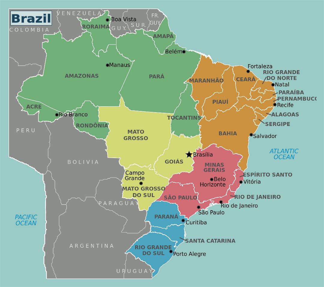 Grande mapa de regiones de Brasil
