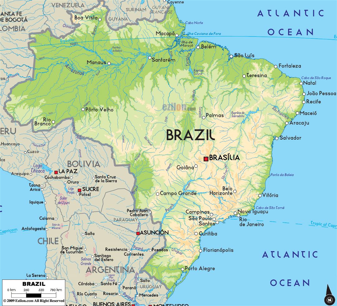 Grande mapa físico de Brasil con principales ciudades