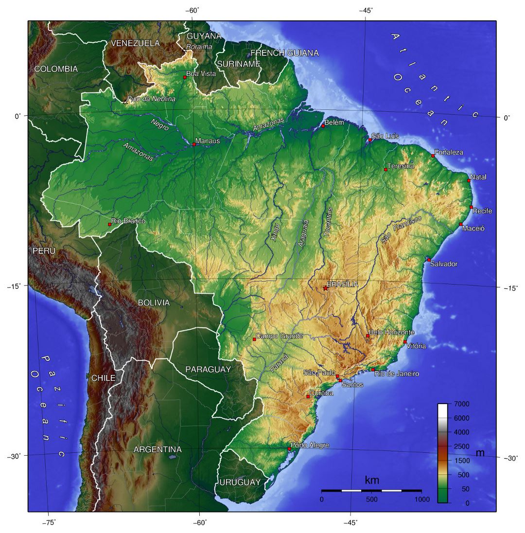 Grande mapa físico de Brasil