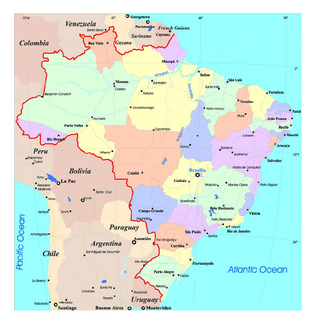 Grande mapa político y administrativo de Brasil con carreteras y grandes ciudades