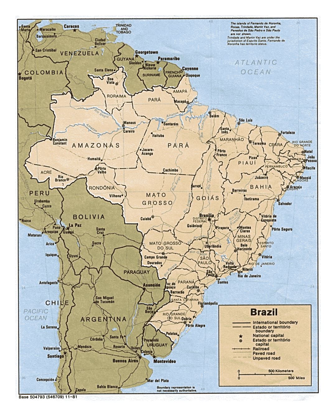 Grande mapa político y administrativo de Brasil con carreteras y principales ciudades - 1981