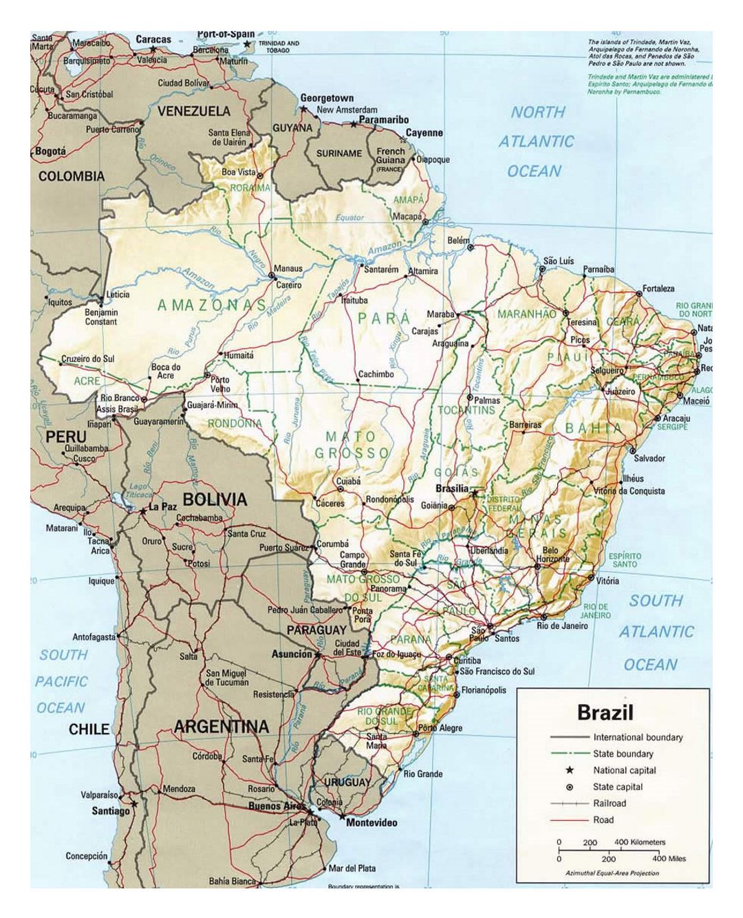 Mapa político de Brasil con relieve